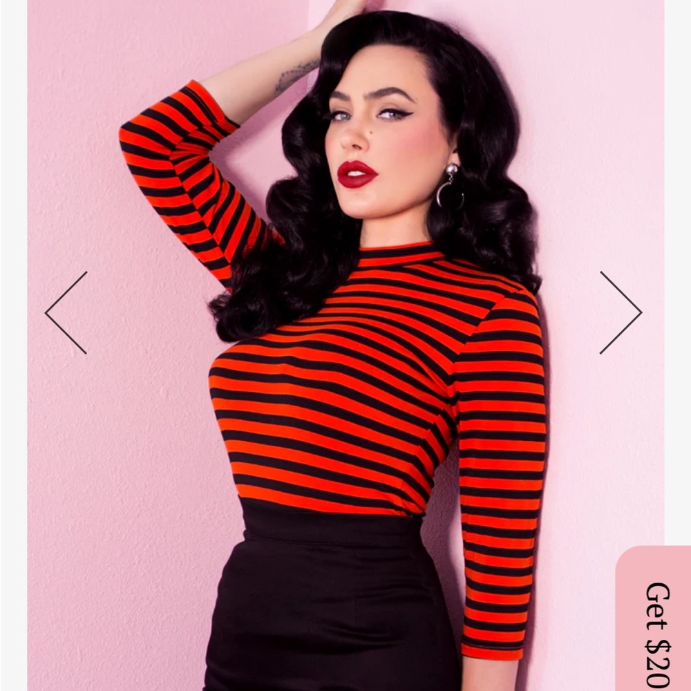 VIXEN BY MICHELINE PITT - BAD GIRL 3/4 SLEEVE TOP IN ORANGE AND BLACK STRIPES